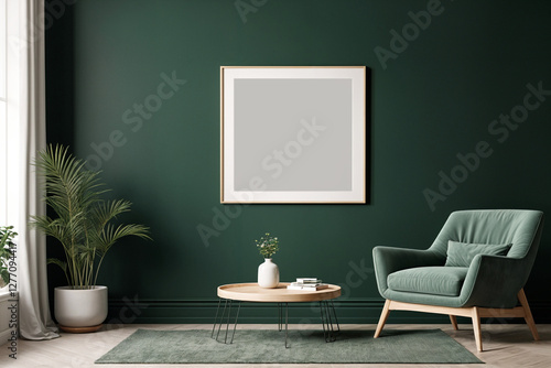 A stylish reading nook featuring a cozy armchairs with a pillow, a framed mockup for artwork on the wall. Modern design. Green color