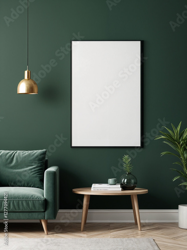 A stylish reading nook featuring a cozy armchairs with a pillow, a framed mockup for artwork on the wall. Modern design. Green color