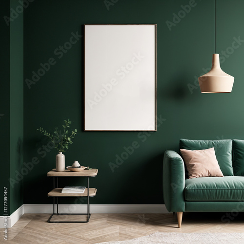 A stylish reading nook featuring a cozy armchairs with a pillow, a framed mockup for artwork on the wall. Modern design. Green color