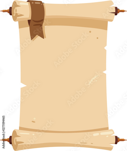 A detailed vintage parchment scroll with rolled edges and ribbon, designed in a flat style, showcasing classic elements in vector art