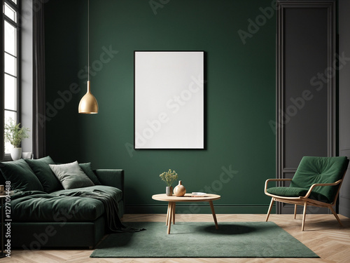 A stylish reading nook featuring a cozy armchairs with a pillow, a framed mockup for artwork on the wall. Modern design. Green color
