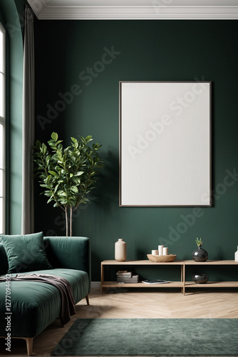 A stylish reading nook featuring a cozy armchairs with a pillow, a framed mockup for artwork on the wall. Modern design. Green color