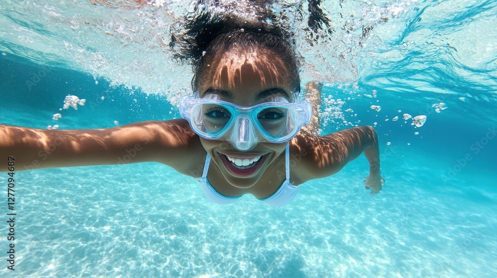 Fototapeta premium A woman in a white bikini and goggles gracefully swims underwater, showcasing her elegance and agility in a serene aquatic environment.
