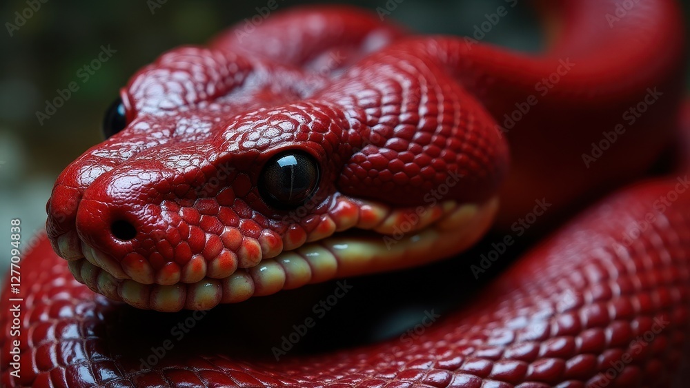 Obraz premium A close-up of a vibrant red blood python with detailed scales and piercing eyes.