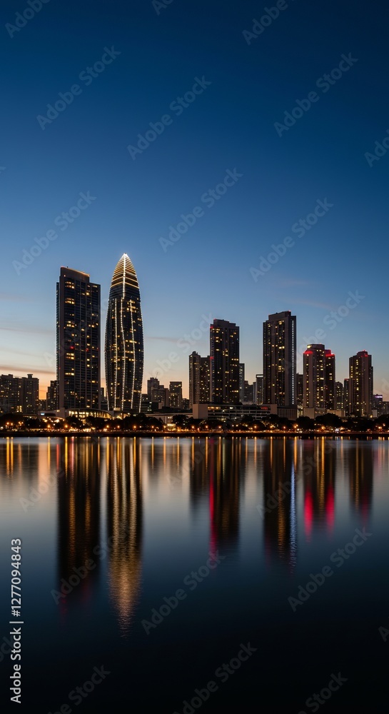 Obraz premium Modern cityscape at dusk with illuminated skyscrapers and reflective waterfront