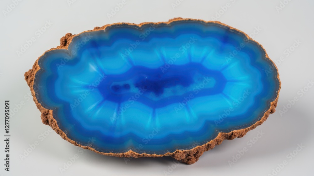 A polished blue agate slice with concentric layers of vibrant blue and brown edges. A polished blue agate slice with concentric layers of vibrant blue and brown edges.
