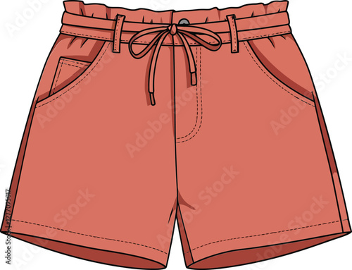 Stylish coral-colored shorts with drawstring and pockets depicted in a minimal vector illustration showcasing summer fashion and casual comfort