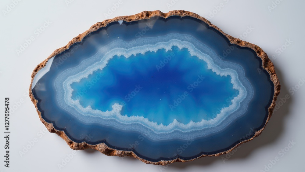 A polished slice of blue lace agate with intricate blue and white banding patterns. A polished slice of blue lace agate with intricate blue and white banding patterns.