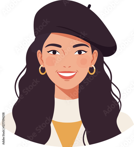 Young woman with long dark hair wearing a stylish beret and earrings, smiling warmly in a flat design vector illustration