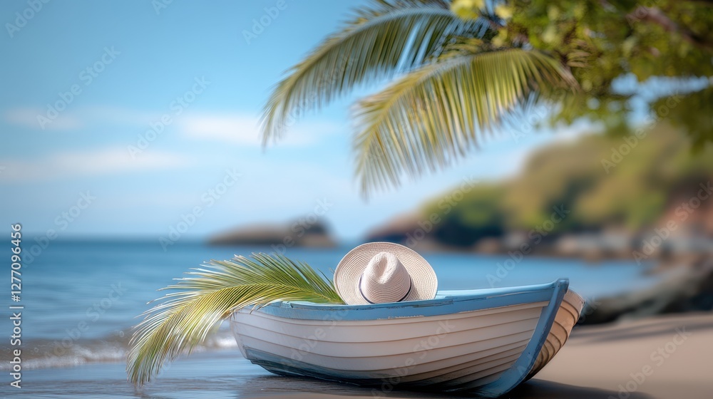 Obraz premium A boat rests on the beach, adorned with a hat, beside the tranquil water, creating a serene coastal scene.