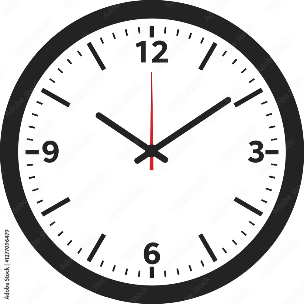 Simple round wall clock with black outline and minimalist design, featuring bold hour markers and red second hand, flat vector art Simple round wall clock with black outline and minimalist design, featuring bold hour markers and red second hand, flat vector art