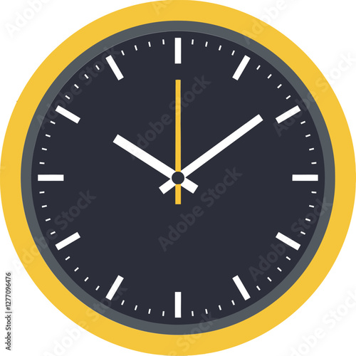 Round wall clock design with bold yellow border, minimalistic black face, white hands, and simple tick marks showcasing time in elegant vector art