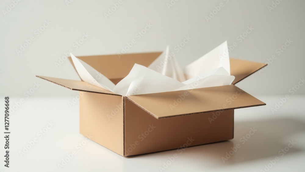 A box with tissue paper mockup on a white surface, perfect for packaging design presentations.