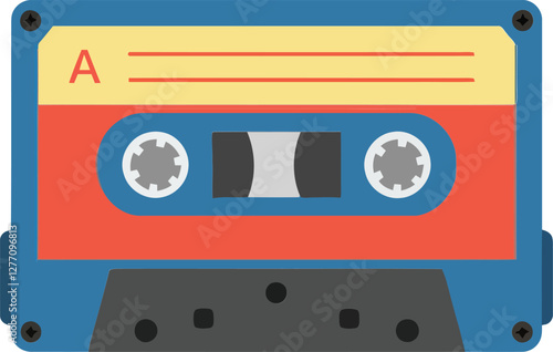 Retro audio cassette tape design featuring vibrant colors and flat style, showcasing nostalgic music culture in vector art