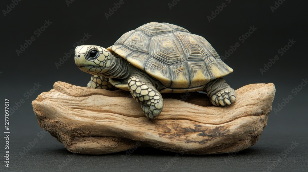 Obraz premium A young yellow-footed tortoise perched on a piece of driftwood against a dark background.