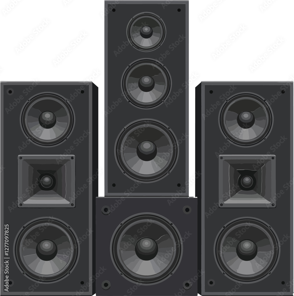A detailed arrangement of black audio speakers in a modern flat design showcasing sound equipment in a vibrant setting, perfect for music enthusiasts, vector art A detailed arrangement of black audio speakers in a modern flat design showcasing sound equipment in a vibrant setting, perfect for music enthusiasts, vector art