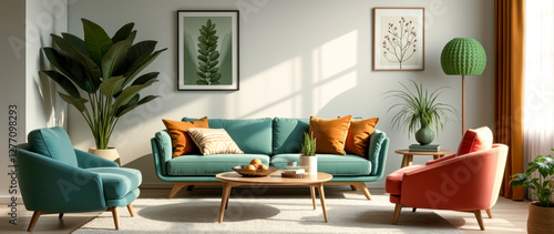 sunlit living room with teal and coral armchairs and sofa