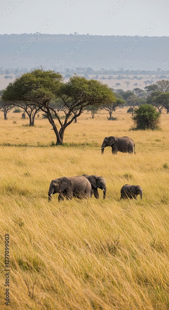 Majestic elephants grazing in the african savanna landscape Majestic elephants grazing in the african savanna landscape