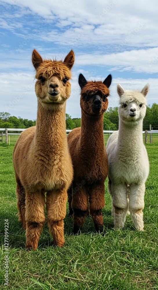 Obraz premium Three adorable alpacas standing in a green pasture under a blue sky