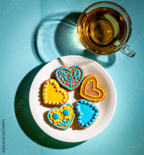 Still life with cookies in shape of hearts decorated by yellow and blue icing and sprinkles and cup of tea on blue background