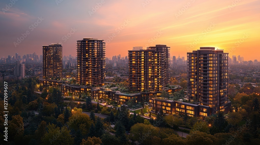Obraz premium Modern residential towers illuminated at sunset, surrounded by lush greenery and urban skyline
