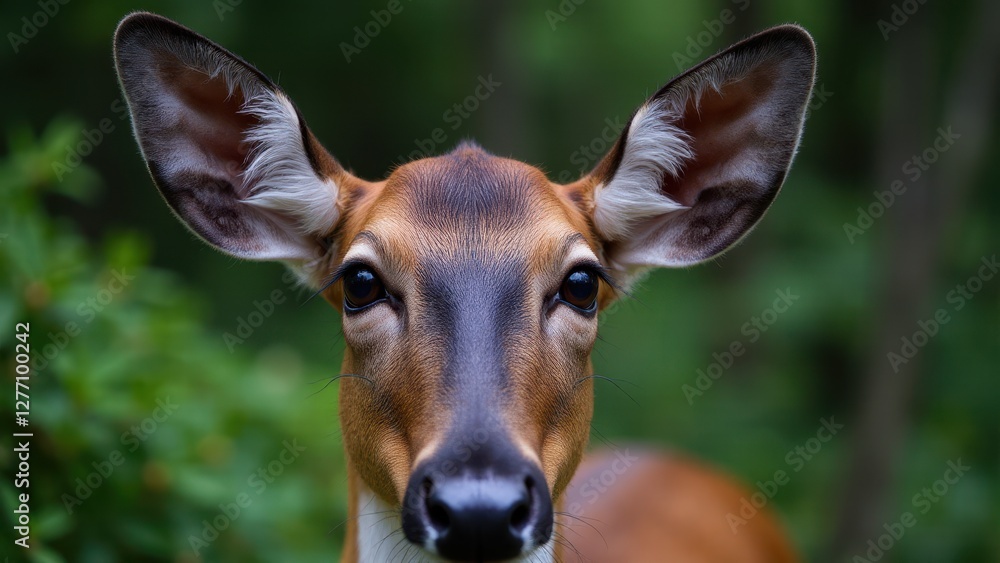 Close-up of a deer's face with focus on its large, expressive eyes and ears, set against a blurred green background. Close-up of a deer's face with focus on its large, expressive eyes and ears, set against a blurred green background.