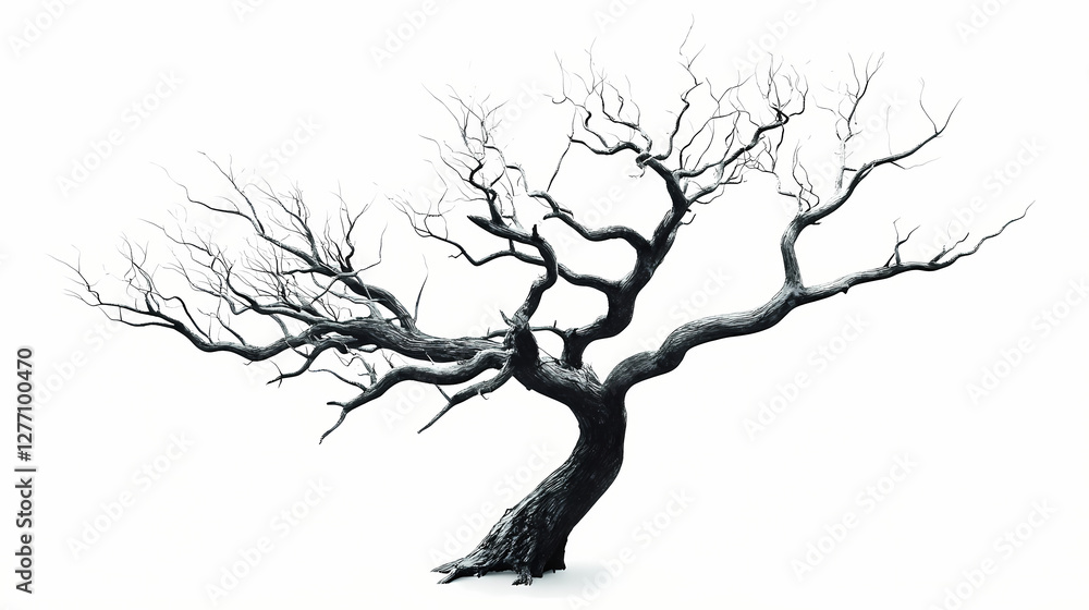 Fototapeta premium Ethereal spooky abandoned tree on clear white background. Surreal Haunted Forest. Illustration