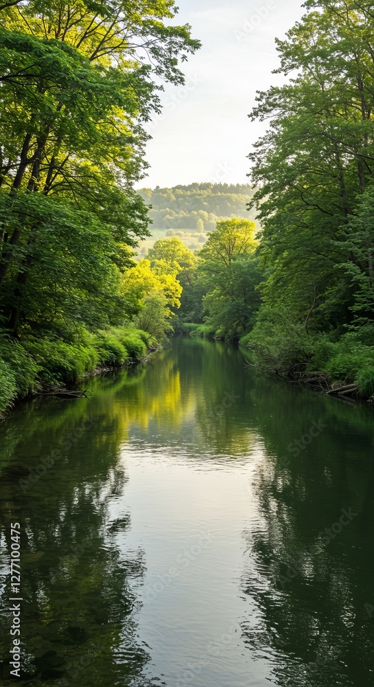 Serene forest river reflection with lush green trees and soft sunlight Serene forest river reflection with lush green trees and soft sunlight
