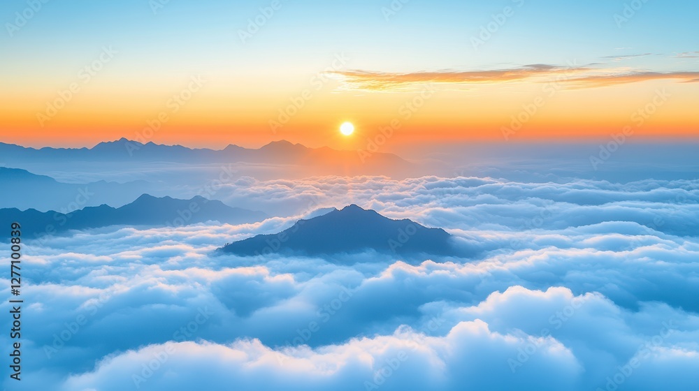 Obraz premium A stunning aerial view showcases a majestic mountain range illuminated by a vibrant sunset, highlighting nature's beauty and serenity.