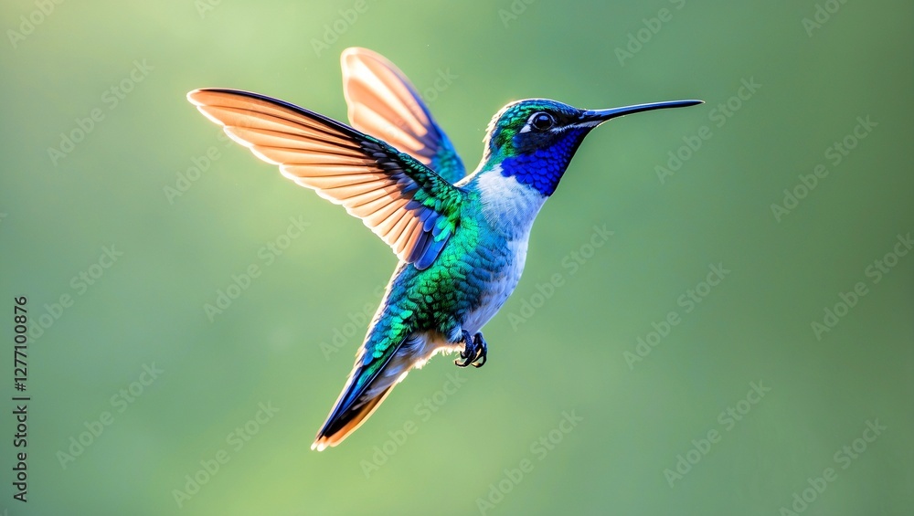 Fototapeta premium A vibrant blue hummingbird hovering in sunlight