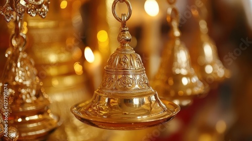 Wallpaper Mural Numerous golden bells suspended from a shimmering gold chain create an elegant and festive display, showcasing craftsmanship and beauty in design. Torontodigital.ca