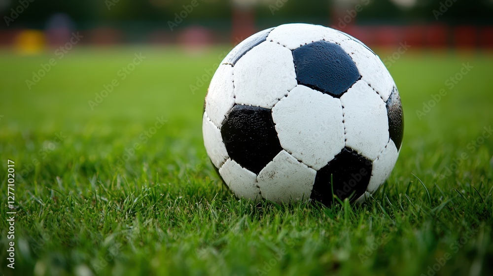 Fototapeta premium A soccer ball rests on vibrant green grass, showcasing a serene moment on the field, ideal for play or practice.
