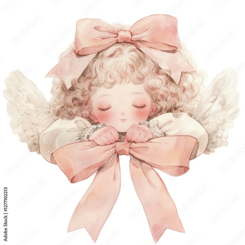 Fototapeta premium Cherubic angel with pink bow