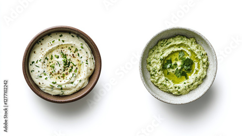 Bowl with avocado crema with ripe avocados, sour cream, lime juice, garlic, and cilantro, isolated on a white background, side and top view, dip bundle.