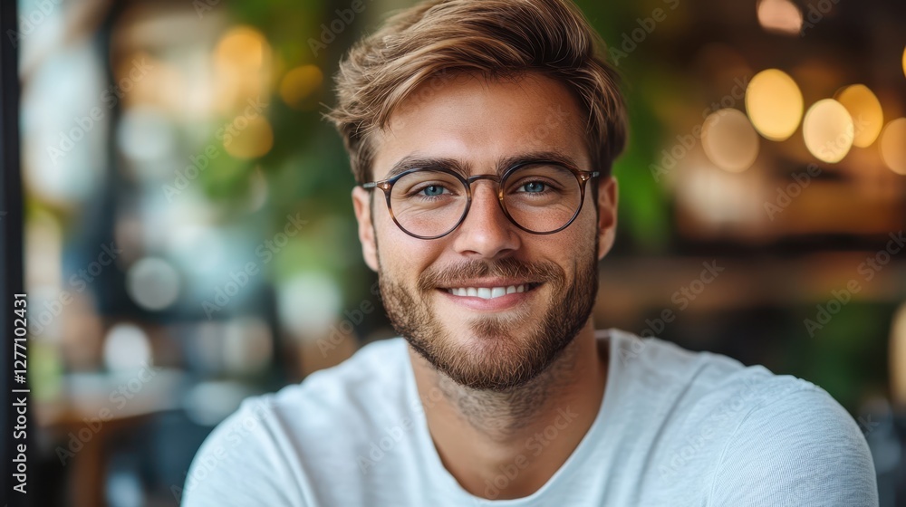 A cheerful man with glasses and a beard enjoys a meal while seated in a cozy restaurant setting. A cheerful man with glasses and a beard enjoys a meal while seated in a cozy restaurant setting.