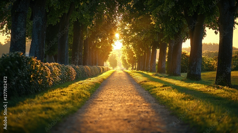Obraz premium Sunlit Pathway Through Trees at Sunrise