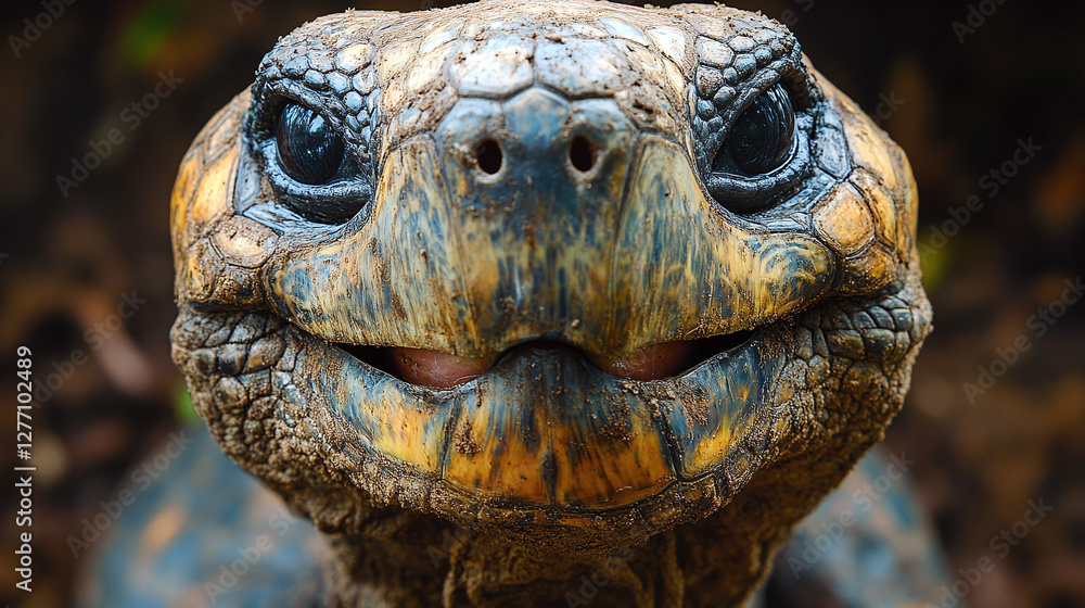 Close-up of smiling tortoise with intricate shell patterns and open mouth expression, capturing personality and detailed textures in natural lighting. Close-up of smiling tortoise with intricate shell patterns and open mouth expression, capturing personality and detailed textures in natural lighting.