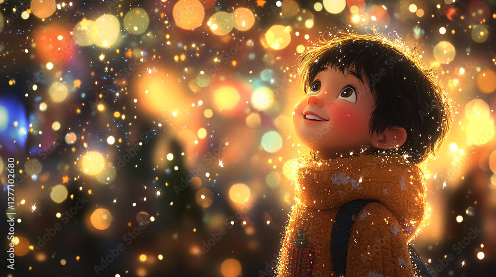 Child looking at festive lights in winter, cozy digital illustration with warm bokeh and magical atmosphere Child looking at festive lights in winter, cozy digital illustration with warm bokeh and magical atmosphere