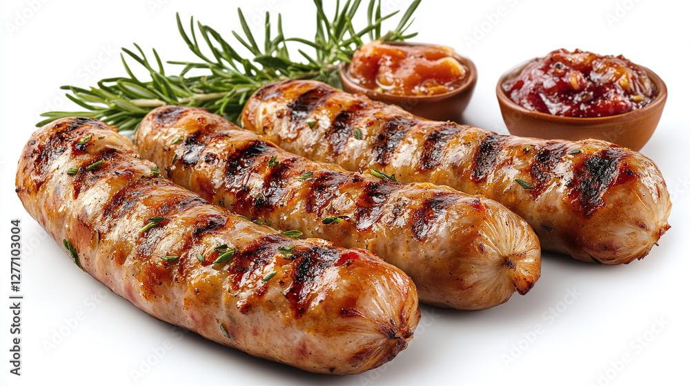 Grilled bratwurst sausages bundle isolated on white background. Grilled bratwurst sausages bundle isolated on white background.
