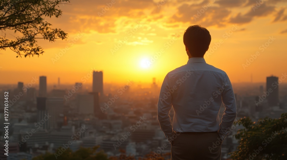 Fototapeta premium Arafed man stands against a vibrant sunset backdrop, silhouetted by a cityscape that highlights the beauty of urban life and nature's twilight hues.
