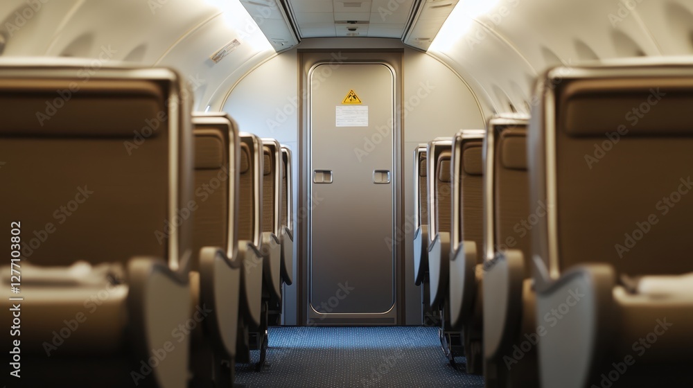 An airplane interior showcases numerous seats with an open door, inviting a glimpse into the cabin's spacious layout and design. An airplane interior showcases numerous seats with an open door, inviting a glimpse into the cabin's spacious layout and design.