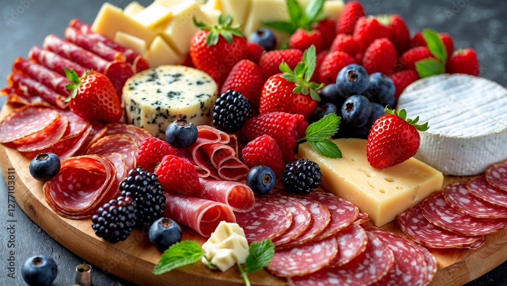 Elegant charcuterie board with meats cheeses and berries Elegant charcuterie board with meats cheeses and berries