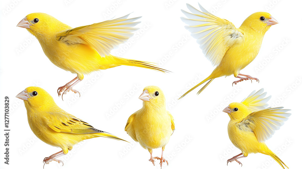 Yellow canary bird collection, portrait, standing and flying, isolated on a white background. Yellow canary bird collection, portrait, standing and flying, isolated on a white background.