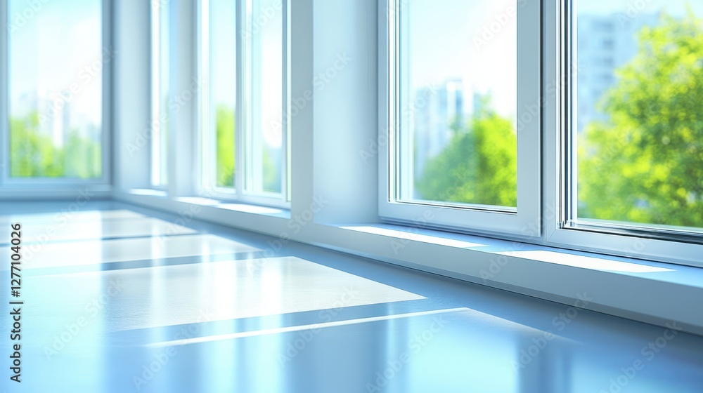 Fototapeta premium A cityscape view through a window, showcasing urban architecture and skyline against a clear sky.