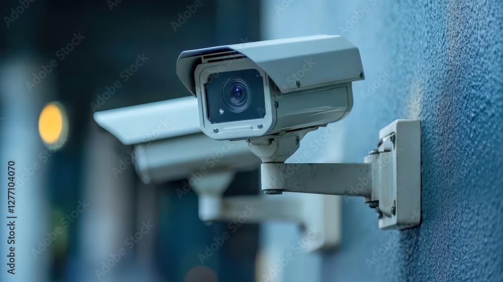 Two surveillance cameras are mounted on the exterior wall of a building, ensuring security and monitoring of the surrounding area. Two surveillance cameras are mounted on the exterior wall of a building, ensuring security and monitoring of the surrounding area.
