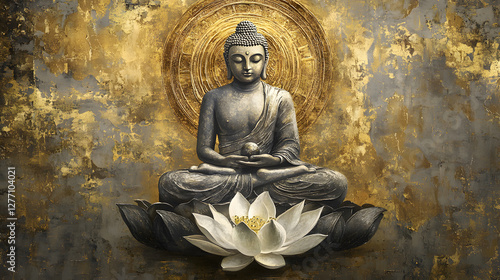 A Buddha with a lotus flower, sitting cross-legged and floating in the air
