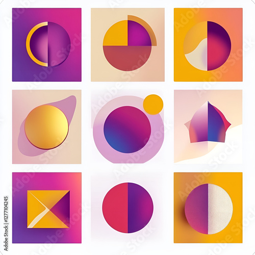 Abstract geometric shapes in vibrant colors arranged in a grid for modern art concept