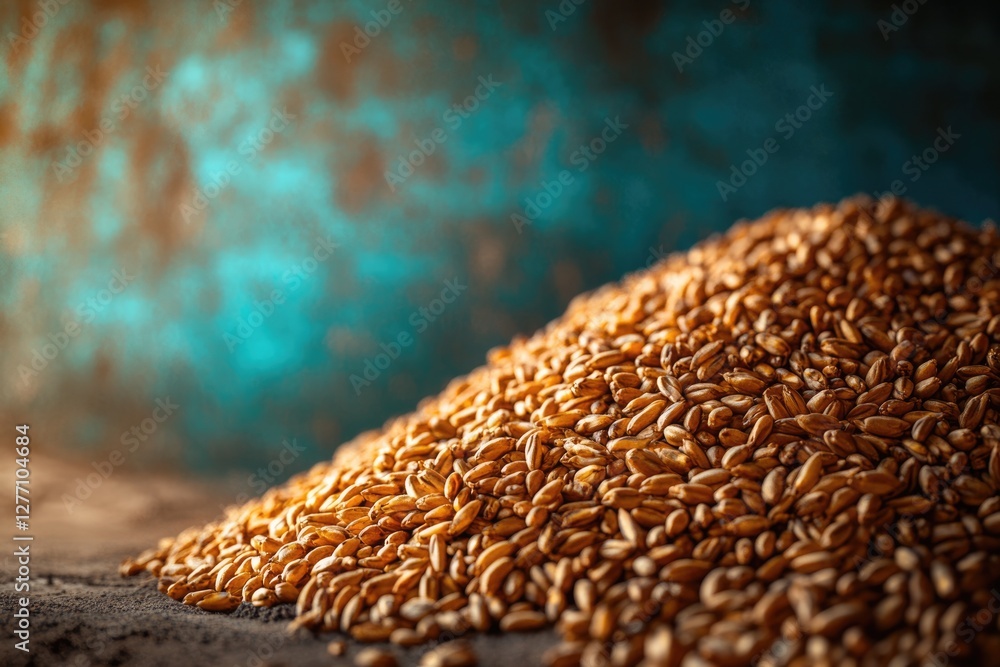 Obraz premium A close-up shot of a pile of golden wheat grains against a teal background.