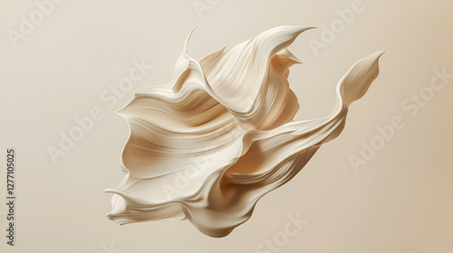 Abstract fluid form in neutral tones creates a sense of dynamic movement and smooth, flowing textures.