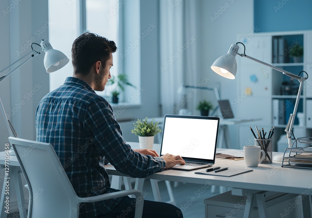 Man working on laptop in modern home office. Caucasian male freelancer at desk with lamps. Remote work, digital nomad lifestyle, creative workspace concept. Man working on laptop in modern home office. Caucasian male freelancer at desk with lamps. Remote work, digital nomad lifestyle, creative workspace concept.